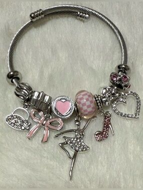 Silver Tone Charm Bracelet with Pink Accents